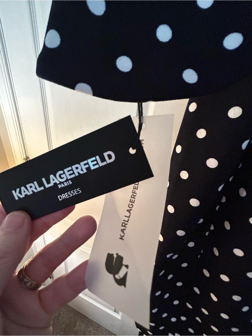 Karl Lagerfeld Black Dress with White Polka Dots and Ruffle Sleeves - Picture 3 of 4
